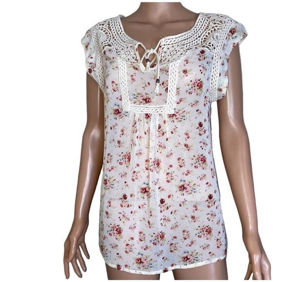Daniel Rainn Cream & pink floral lightweight flowy tassel detail blouse/top SZ M - Picture 2 of 7